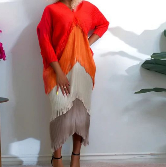 Kate Hewko Tiered Tassel Dress Accordion Pleated w/ Fringe Color Block - Picture 15 of 16